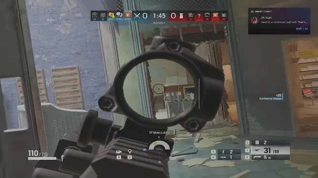 Rainbow Six Siege scope ESP wireframe showing enemies through wall in 1F Main Lobby